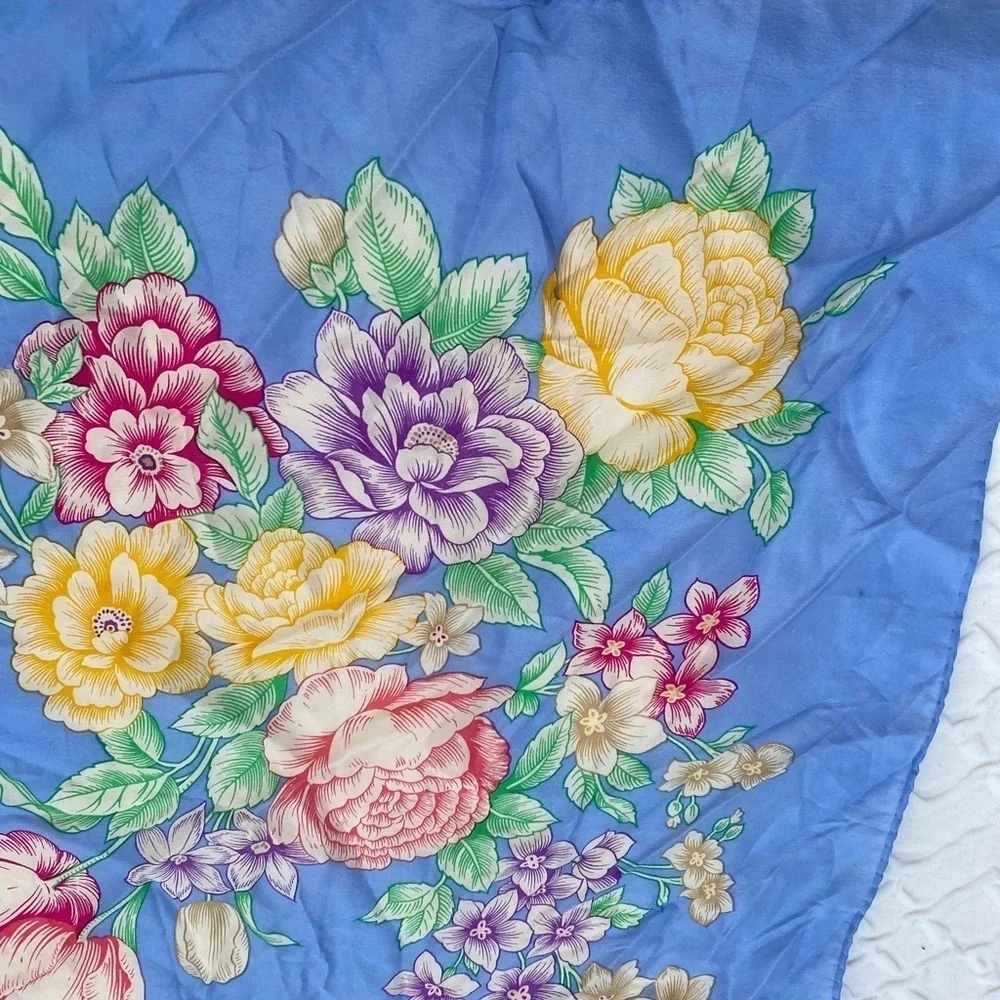 Albert Nipon Silk Scarf Blue Pink Yellow Floral 30 Inch
